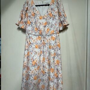 LOFT Blue Midi Sundress with Ruched Tie Front and Puff Sleeves